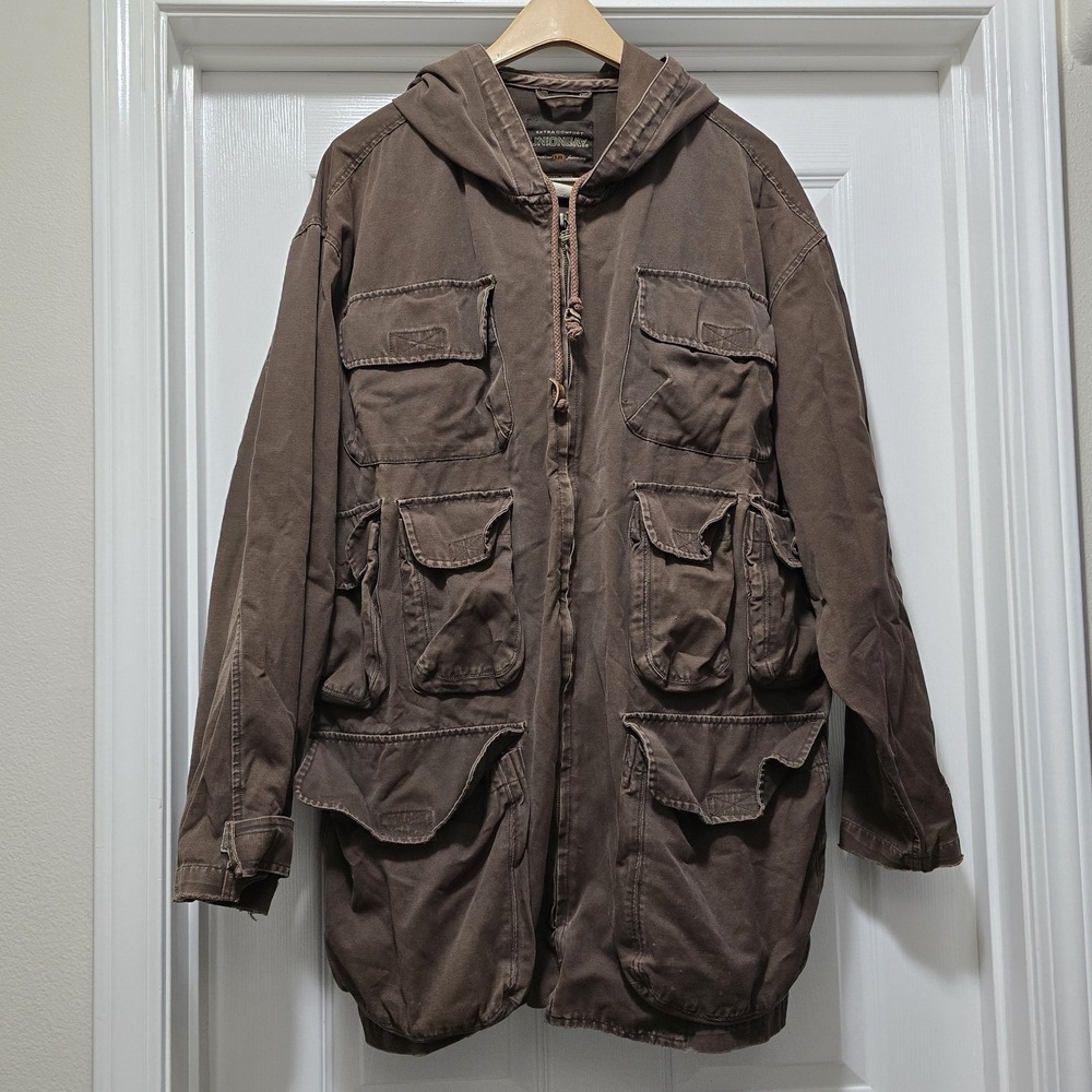 Vintage 90s Union Bay Brown Canvas Utility‎ Hooded Skater Jacket Men's XL/2X